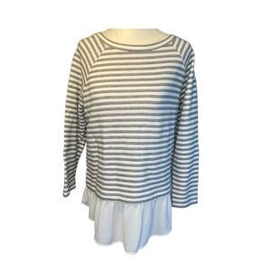 Loft Shirt Tail Hem Striped Top Black White Knit Ruffle 3/4 Sleeves Crewneck S